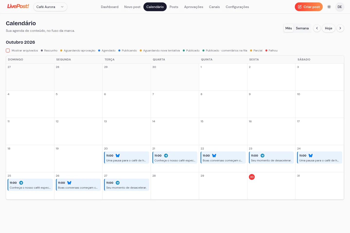 Calendário arrastável — exemplo Café Aurora